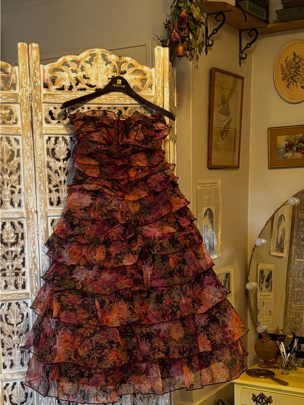 Anthropologie BHLDN Strapless Ruffled Floral Tiered Dress - Black & Burgundy
